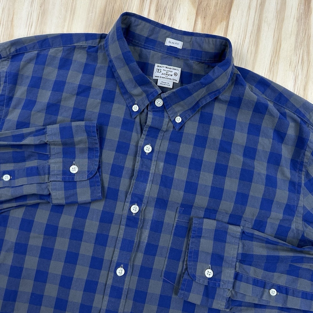 J Crew Mens Blue Gray Plaid Gingham Long Sleeve‎ Button Shirt XL Slim Preppy